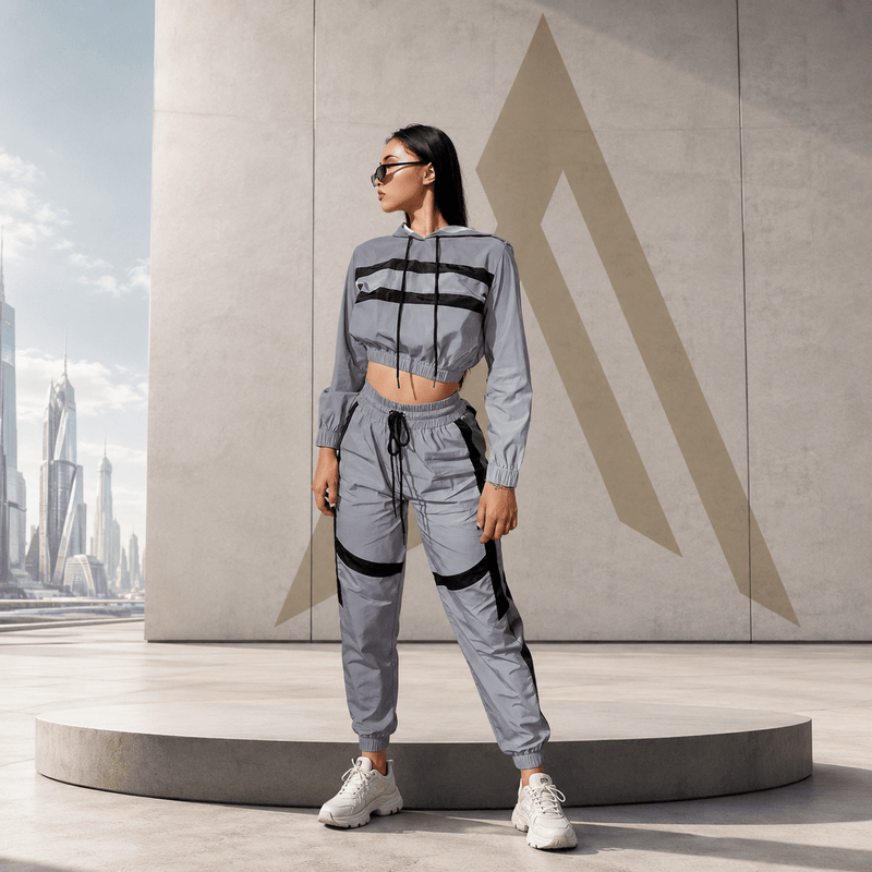 Women's Striped Reflective Techwear Crop Top and Joggers Set - ATLAS 1