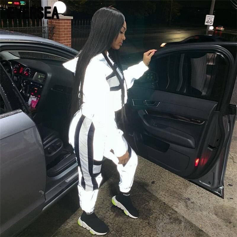 Women's Striped Reflective Techwear Crop Top and Joggers Set - ATLAS 1