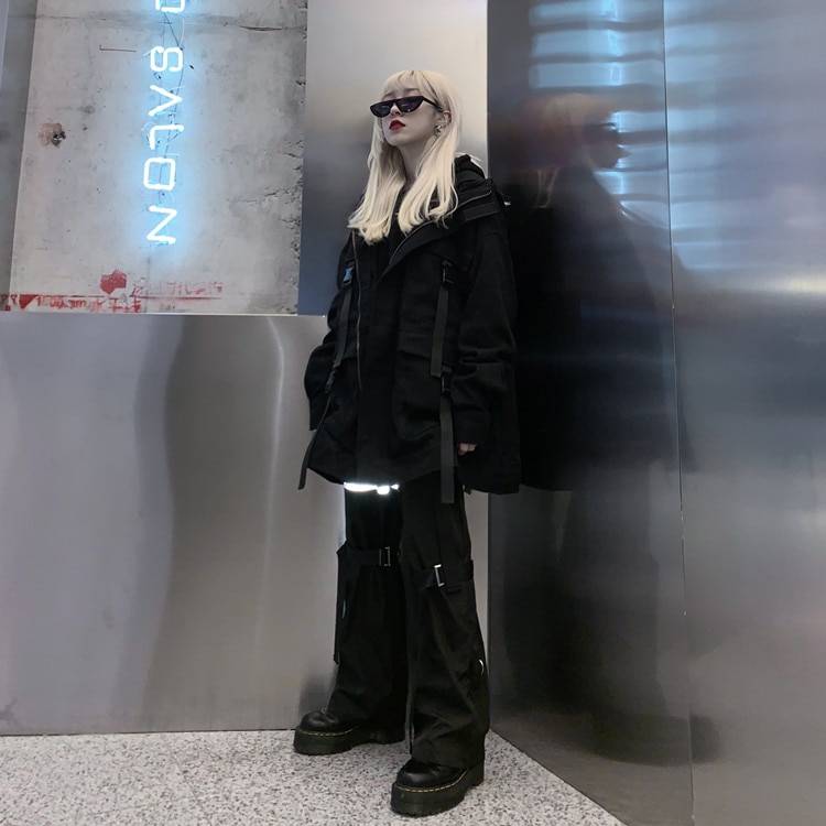 Women's Techwear Denim Oversized Pockets Black Jacket - ATLAS 1