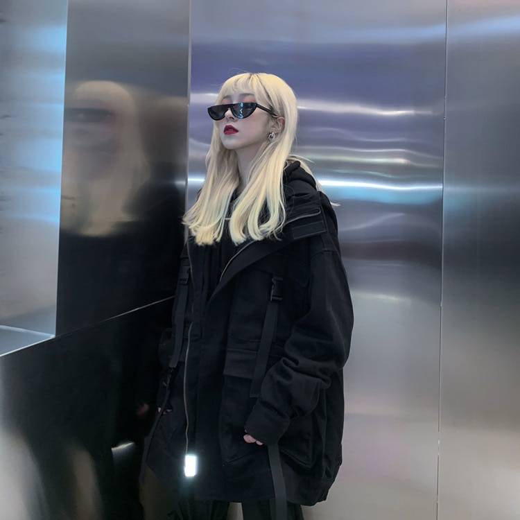 Women's Techwear Denim Oversized Pockets Black Jacket - ATLAS 1