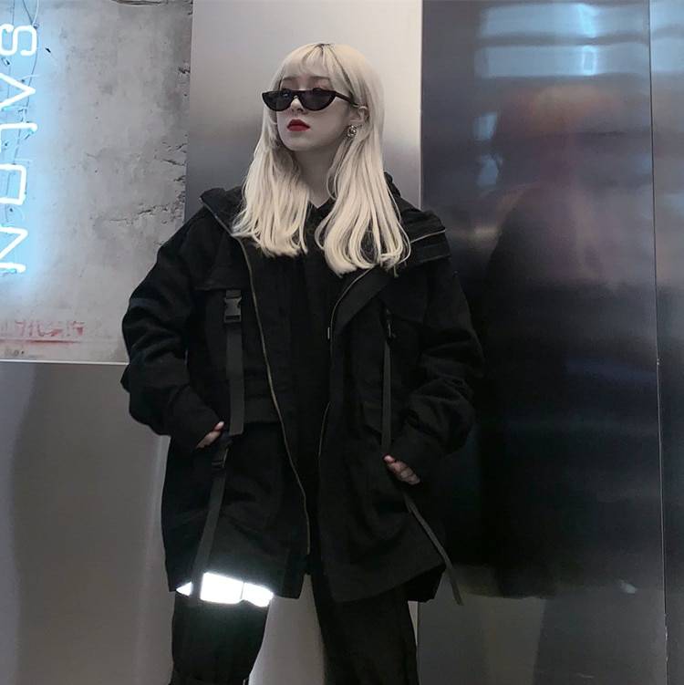 Women's Techwear Denim Oversized Pockets Black Jacket - ATLAS 1