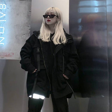 Women's Techwear Denim Oversized Pockets Black Jacket - ATLAS 1