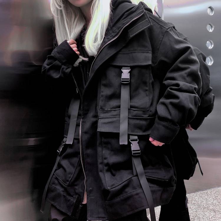 Women's Techwear Denim Oversized Pockets Black Jacket - ATLAS 1
