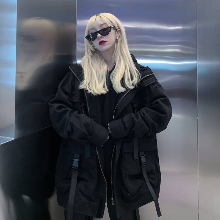 Women's Techwear Denim Oversized Pockets Black Jacket - ATLAS 1
