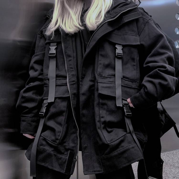 Women's Techwear Denim Oversized Pockets Black Jacket - ATLAS 1
