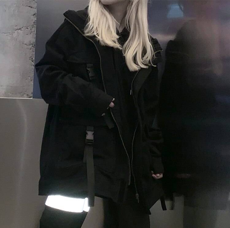 Women's Techwear Denim Oversized Pockets Black Jacket - ATLAS 1