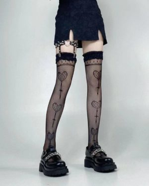 Y Demo Gothic Sexy Spider Web Women Lolita Elastic Stockings Heart Pattern Harajuku Hollow Out Punk Black Long Stockings