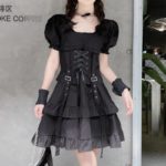 Y Demo Gothic Women Dress O Neck Short Sleeve High Waist Ruched Ruffles Lolita Strap Dresses Female Fashion Clothing 2020