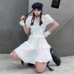 Y Demo Gothic Women Dress O Neck Short Sleeve High Waist Ruched Ruffles Lolita Strap Dresses Female Fashion Clothing 2020
