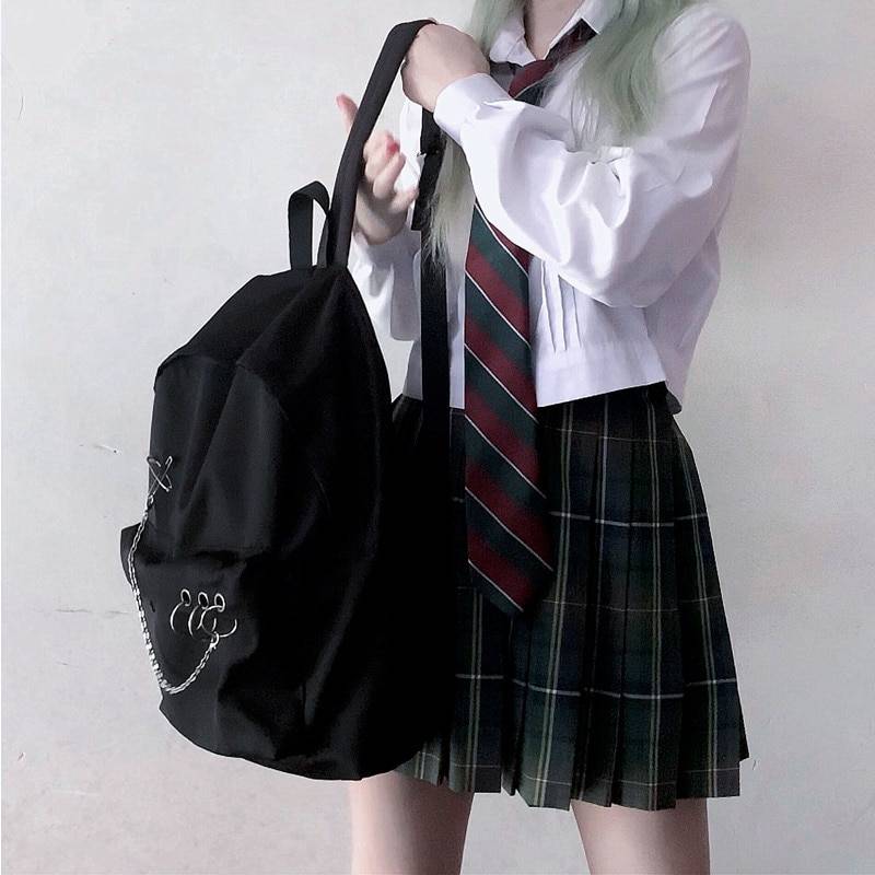 Y Demo Harajuku Punk Canvas Women Backpack Preppy Style Hollow Out Circles Chains Black Bag Techwear Tide 1
