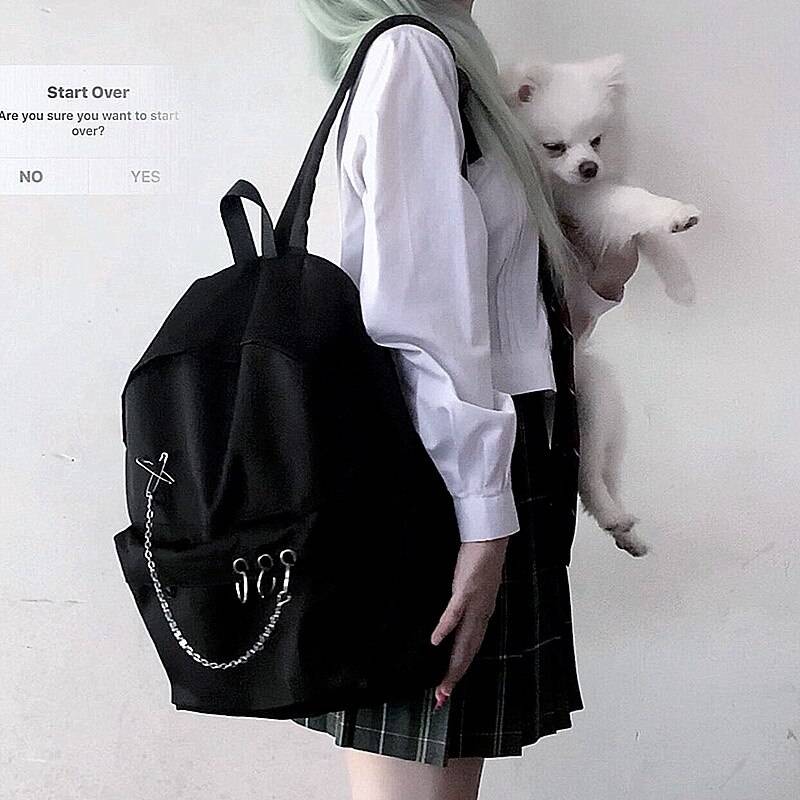 Y Demo Harajuku Punk Canvas Women Backpack Preppy Style Hollow Out Circles Chains Black Bag Techwear Tide 2