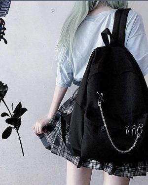 Y Demo Harajuku Punk Canvas Women Backpack Preppy Style Hollow Out Circles Chains Black Bag Techwear Tide