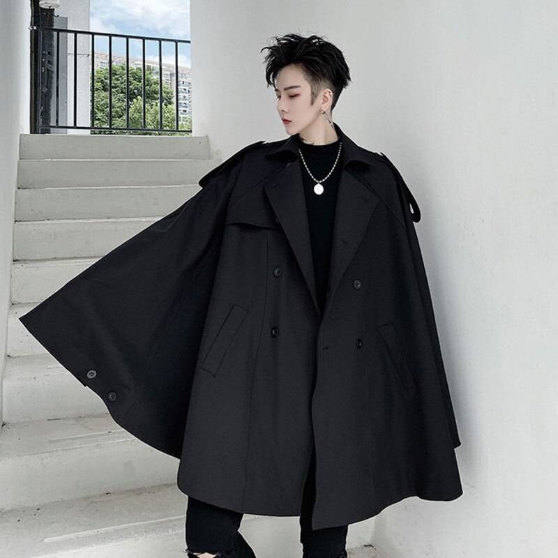 2021 Autumn Double Breasted Men8217s Cape type With Sleeves Windbreaker Coat Cloak Black Mid Length Oversized Trench 11