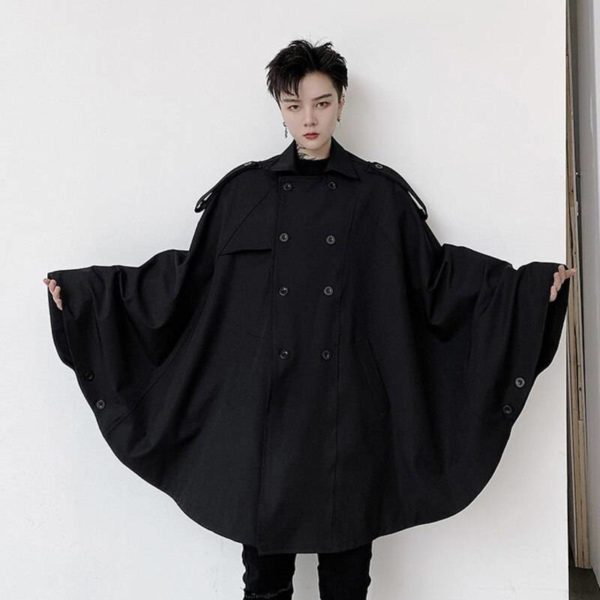 2021 Autumn Double Breasted Men’s Cape-type With Sleeves Windbreaker Coat Cloak Black Mid Length Oversized Trench