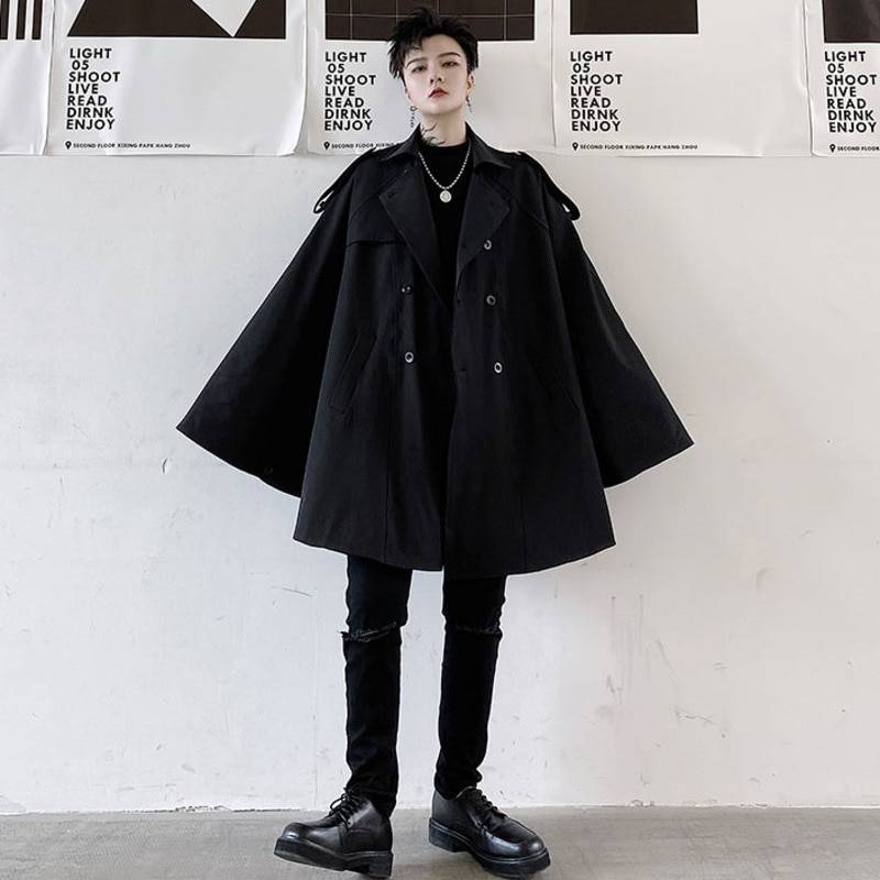 2021 Autumn Double Breasted Men8217s Cape type With Sleeves Windbreaker Coat Cloak Black Mid Length Oversized Trench 9