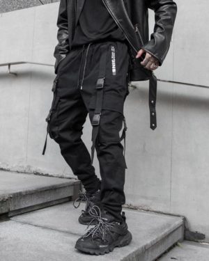 2021 Autumn Side Zipper Pockets Ribbons Men’s Jogger Trousers Cotton Hip Hop Streetwear Sweatpants Pencil Pants Black