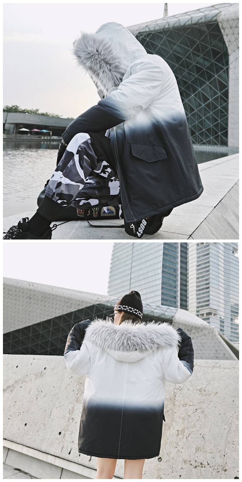 2021 Winter Warm Gradient Parkas Men Women Streetwear Thick Jackets Coat Fashion Harajuku Hoody Fur Collar Coats 6