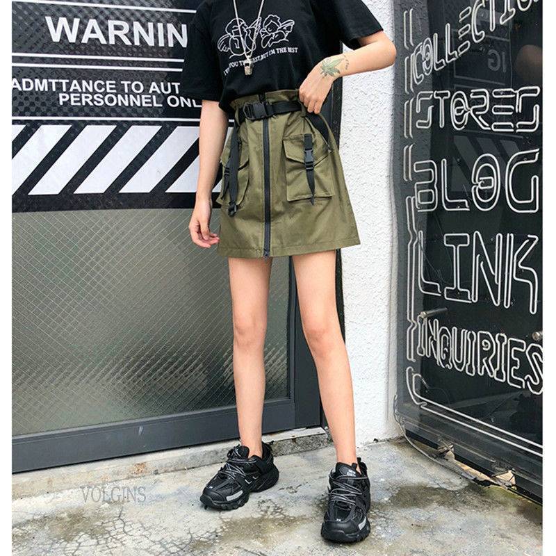 A Line Zipper Women Mini Cargo Skirts Pockets Sashes Slim Solid Ladies Short Skirt 2021 Summer Sexy Black Khaki Bottom F 10