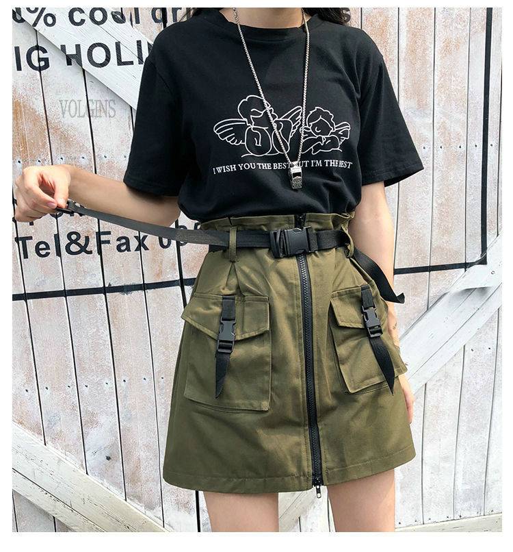 A Line Zipper Women Mini Cargo Skirts Pockets Sashes Slim Solid Ladies Short Skirt 2021 Summer Sexy Black Khaki Bottom F 11