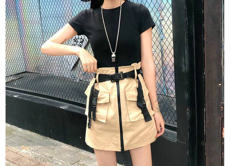 A Line Zipper Women Mini Cargo Skirts Pockets Sashes Slim Solid Ladies Short Skirt 2021 Summer Sexy Black Khaki Bottom F 12