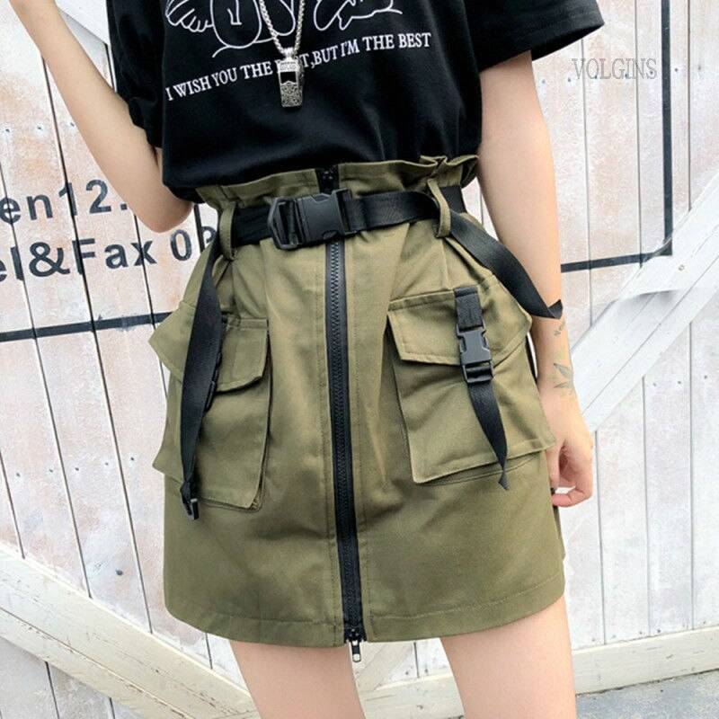 A Line Zipper Women Mini Cargo Skirts Pockets Sashes Slim Solid Ladies Short Skirt 2021 Summer Sexy Black Khaki Bottom F 13