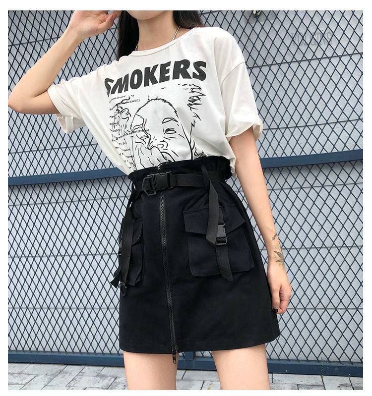 A Line Zipper Women Mini Cargo Skirts Pockets Sashes Slim Solid Ladies Short Skirt 2021 Summer Sexy Black Khaki Bottom F 5