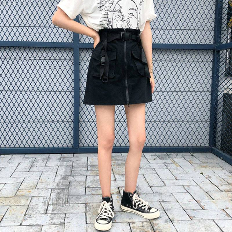 A Line Zipper Women Mini Cargo Skirts Pockets Sashes Slim Solid Ladies Short Skirt 2021 Summer Sexy Black Khaki Bottom F 7