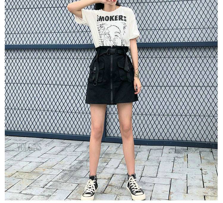 A Line Zipper Women Mini Cargo Skirts Pockets Sashes Slim Solid Ladies Short Skirt 2021 Summer Sexy Black Khaki Bottom F 9