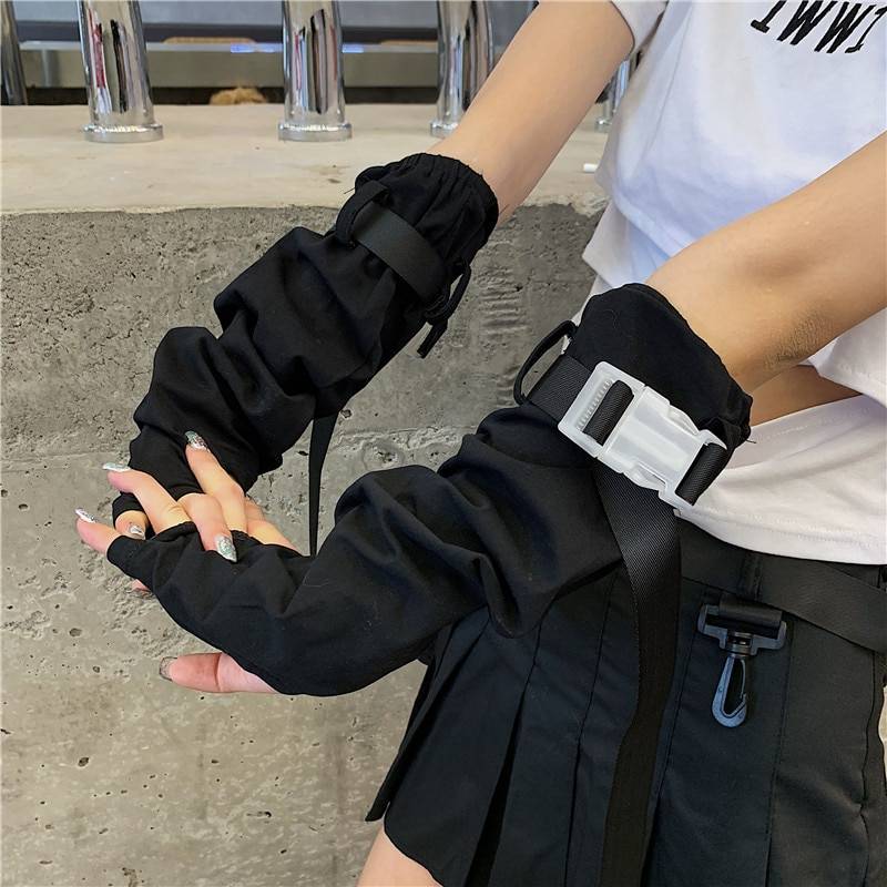 Cool Black Punk Unisex Fingerless Gloves Adjustable Cuff With Plastic Buckle Ninja Elbow Length Gothic Mittens Lady Arm 1 9