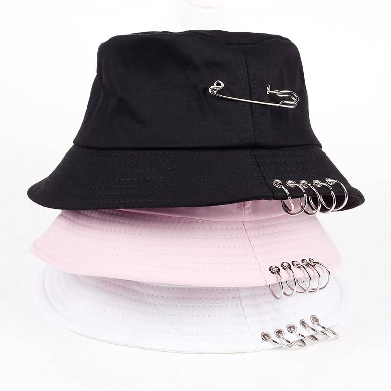 Fishermen Caps Solid Color Iron Pin Rings Personality Bucket Hat Cap for Unisex Women Men Cotton Factory Sells Directly 5