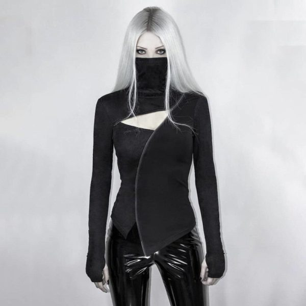 Gothic Black Hollow Out Slim Long Sleeve T-shirt Women Casual Zipper Open Turtleneck Techwear Tees