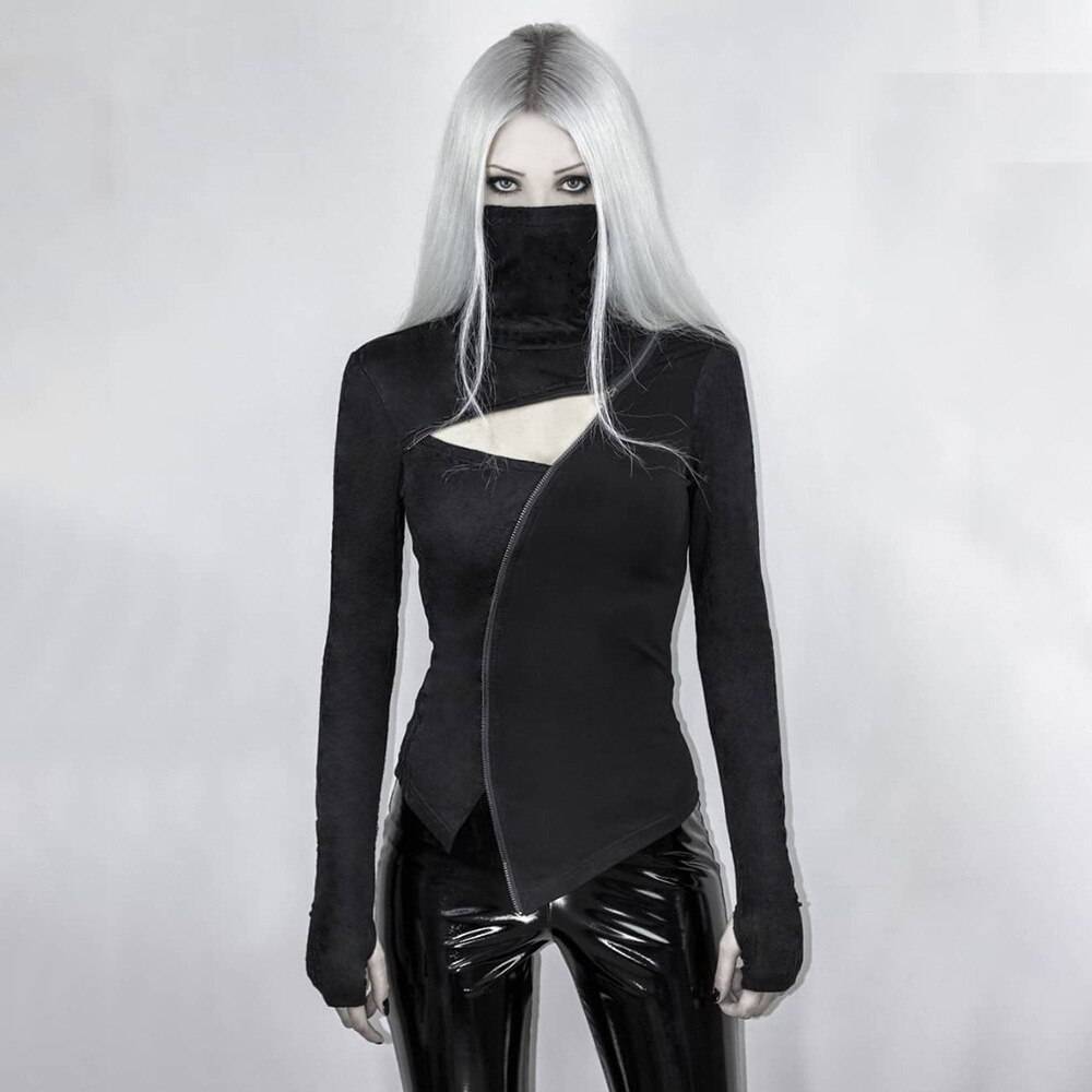Gothic Black Hollow Out Slim Long Sleeve T shirt Women Casual Zipper Open Turtleneck Techwear Tees 11
