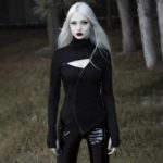 Gothic Black Hollow Out Slim Long Sleeve T-shirt Women Casual Zipper Open Turtleneck Techwear Tees