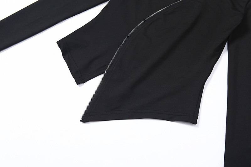 Gothic Black Hollow Out Slim Long Sleeve T shirt Women Casual Zipper Open Turtleneck Techwear Tees 18