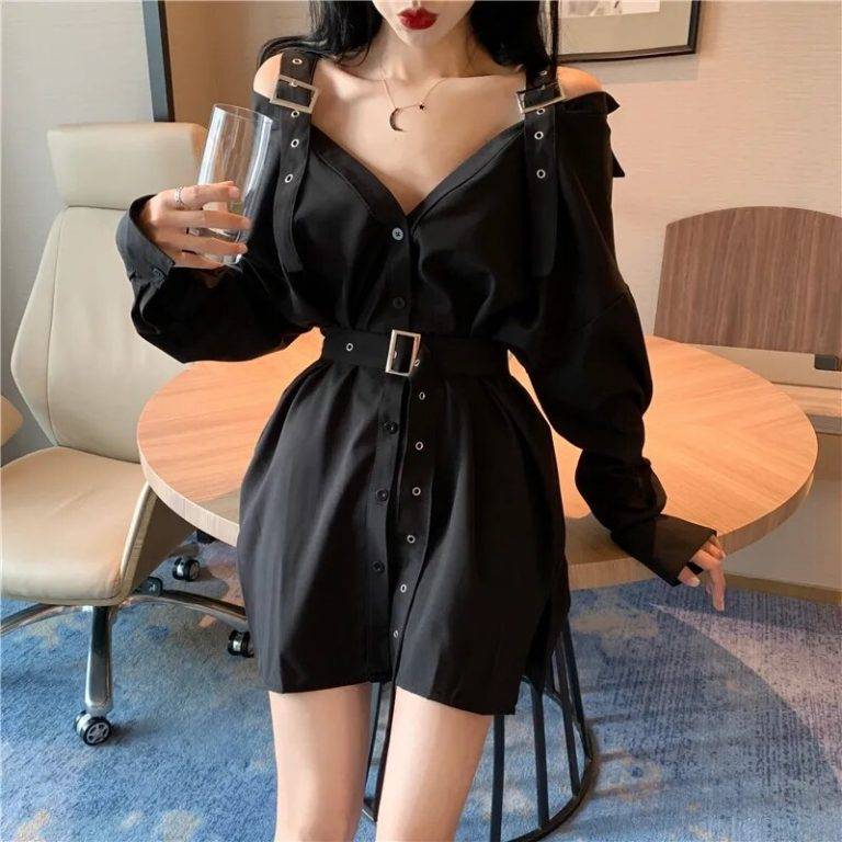 Gothic Dress Black Sexy Shirt Mini Dresses with Belt Summer Punk Long Sleeve Strap Off Shoulder Colthes Female Party Vestidos