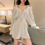 Gothic Dress Black Sexy Shirt Mini Dresses with Belt Summer Punk Long Sleeve Strap Off Shoulder Colthes Female Party Vestidos