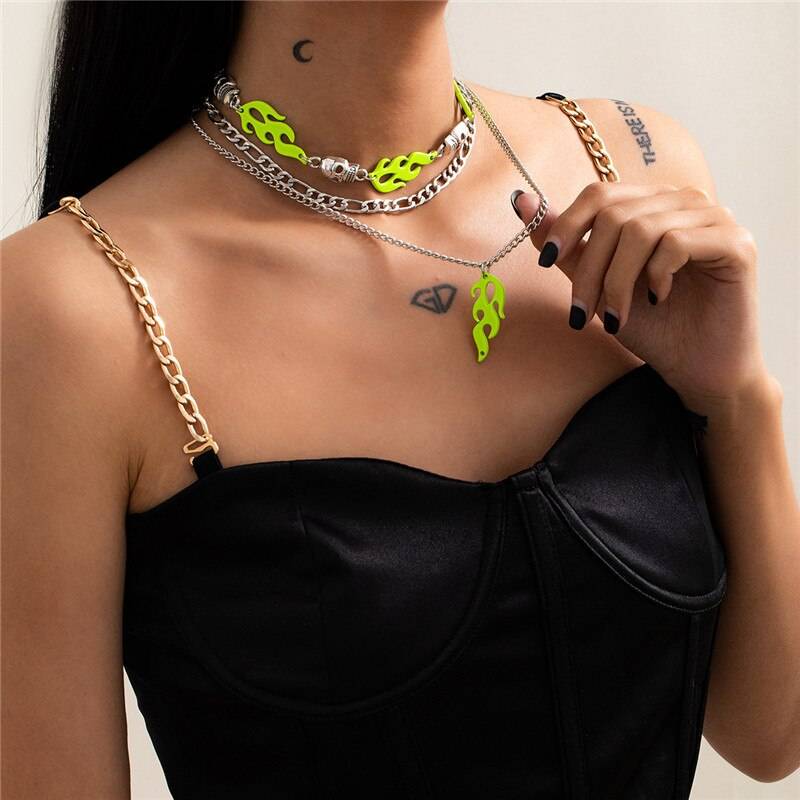 Hangzhi European and American Exaggerated Punk Hip hop Style Multi layer Tassel Green Flame Skull Necklace Set for Women 11