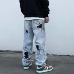 Harajuku Spider Embroidery Washed Retro Mens Jeans Straight High Street Oversize Ripped Denim Trousers Loose Hip Hop Jean Pants