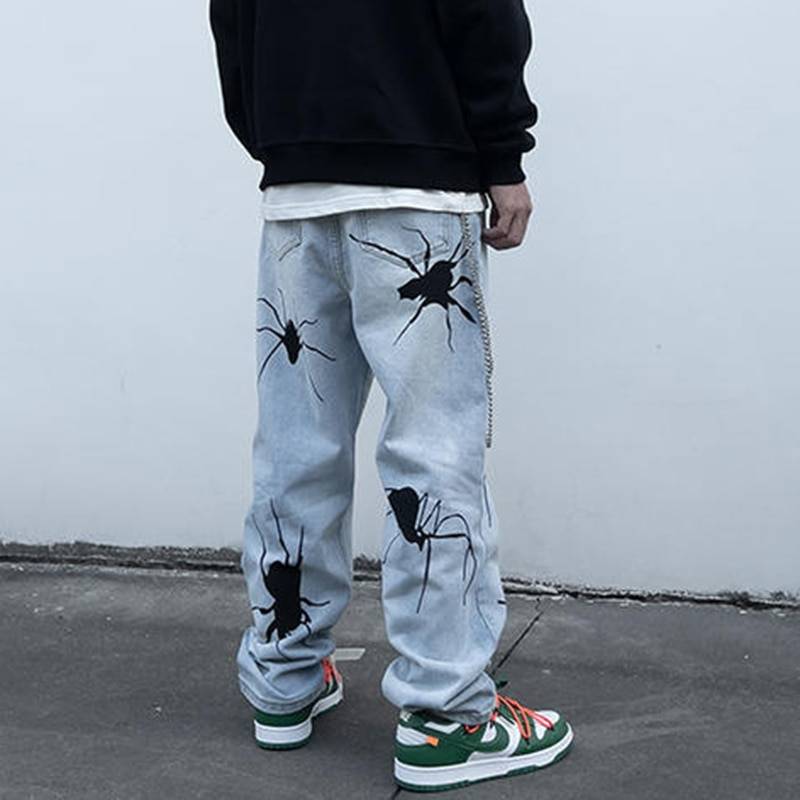 Harajuku Spider Embroidery Washed Retro Mens Jeans Straight High Street Oversize Ripped Denim Trousers Loose Hip Hop Jea 5