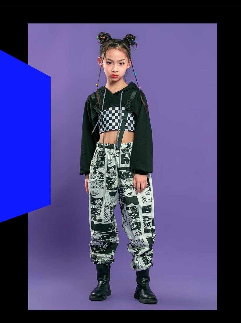 Kid Hip Hop Clothing Black Hoodie Sweatshirt Crop Top Long Sleeve Shirt Streetwear Print Jogger Pants for Girls Dance Co 11