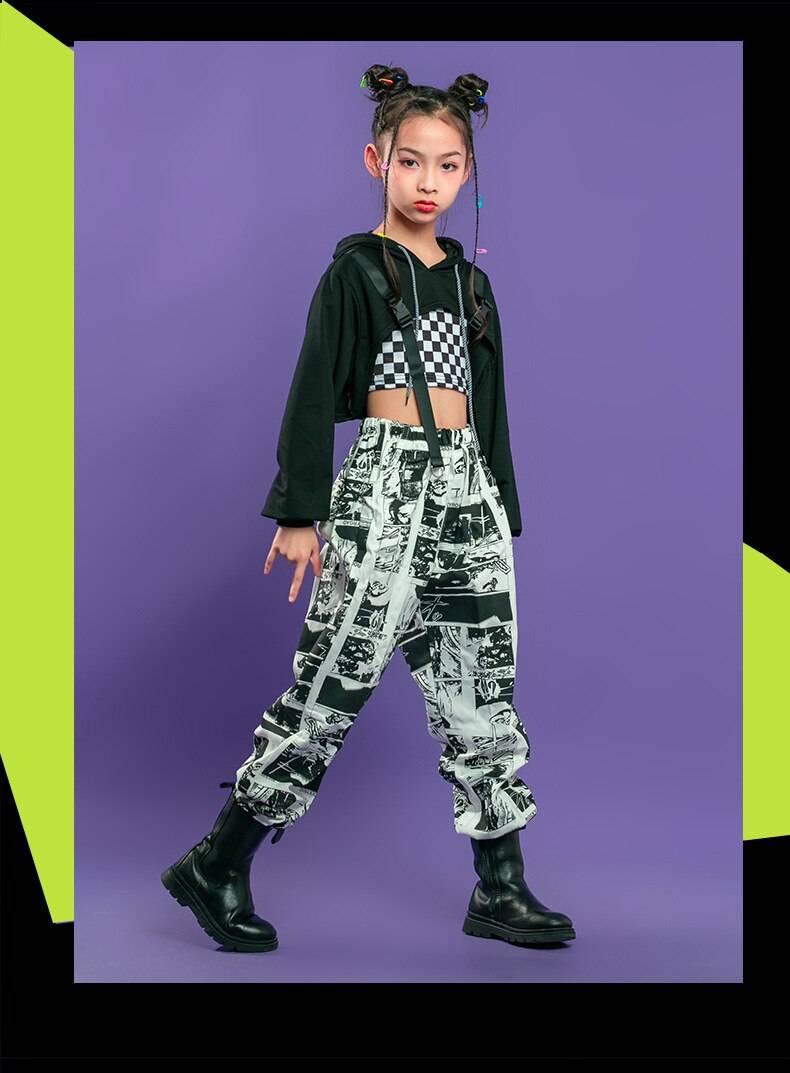 Kid Hip Hop Clothing Black Hoodie Sweatshirt Crop Top Long Sleeve Shirt Streetwear Print Jogger Pants for Girls Dance Co 14