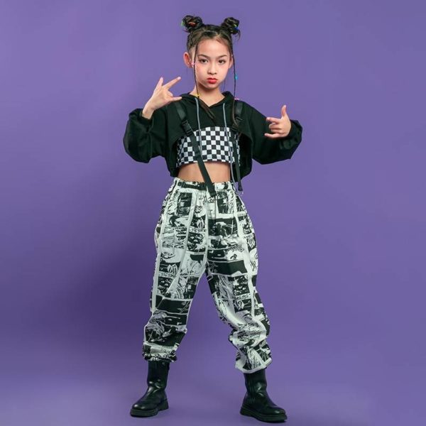 Kid Hip Hop Clothing Black Hoodie Sweatshirt Crop Top Long Sleeve Shirt Streetwear Print Jogger Pants for Girls Dance Costume