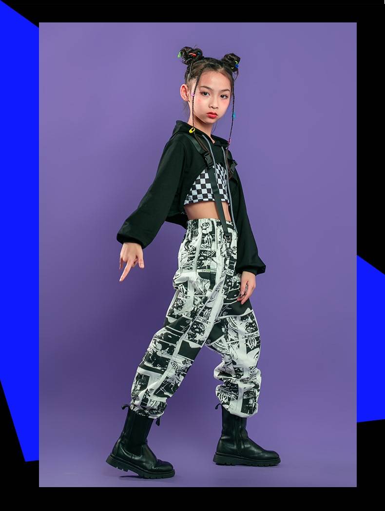 Kid Hip Hop Clothing Black Hoodie Sweatshirt Crop Top Long Sleeve Shirt Streetwear Print Jogger Pants for Girls Dance Co 9