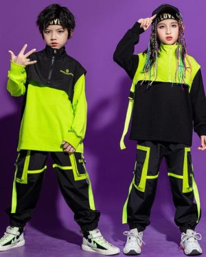 Kid’s Neon Green Color Block Techwear Sweatshirt and Pants Set