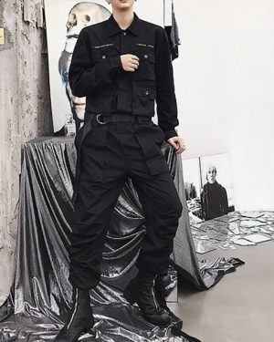 LACIBLE Techwear Overalls Hip Hop Streetwear Jumpsuit Men Fashion Multi Pockets Ribbons Cargo Pants Long Sleeve Rompers Joggers