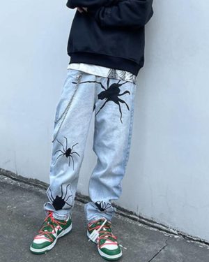 Men’s Black Spider Washed Color Streetwear Jeans