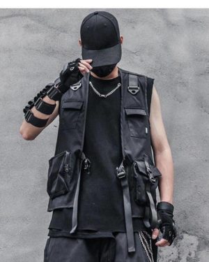 Men’s Solid Black Cargo Techwear Vest