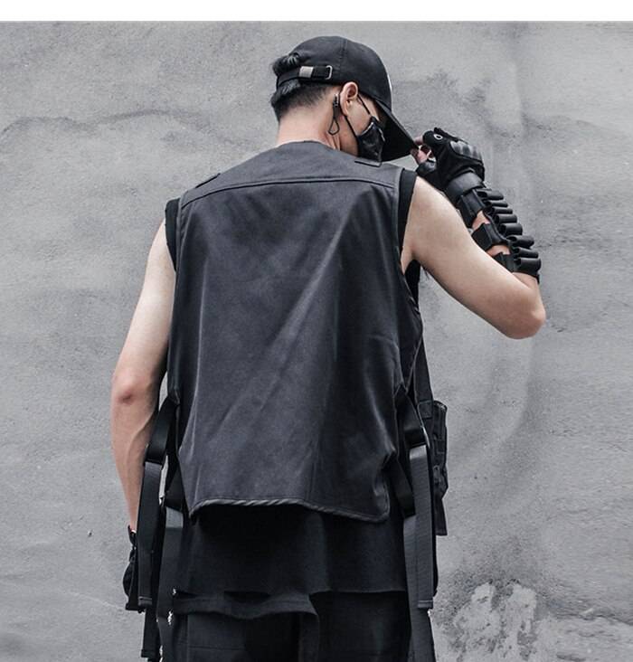 Men8217s Solid Black Cargo Techwear Vest 6