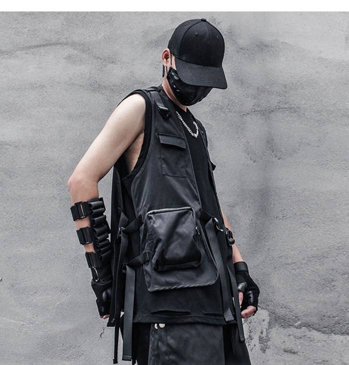 Men8217s Solid Black Cargo Techwear Vest 8