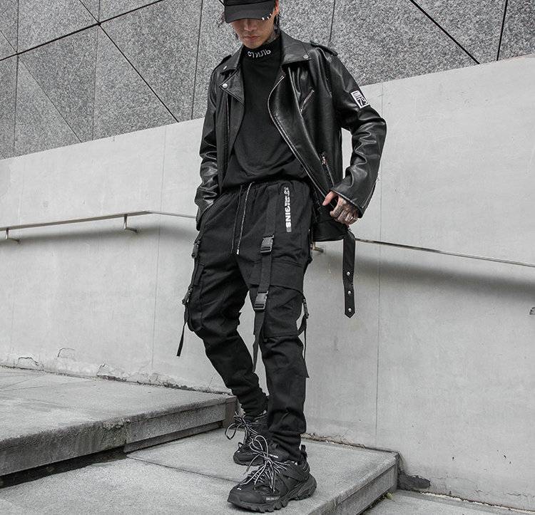 Men8217s Solid Black Tactical Straps Techwear Cargo Pants 2